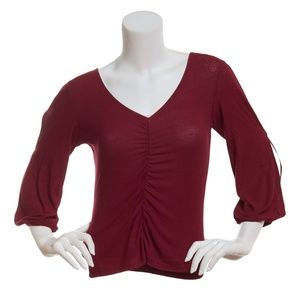 NWT's Wine V-Neck Ruched Front 3/4 Sleeve Top-X: